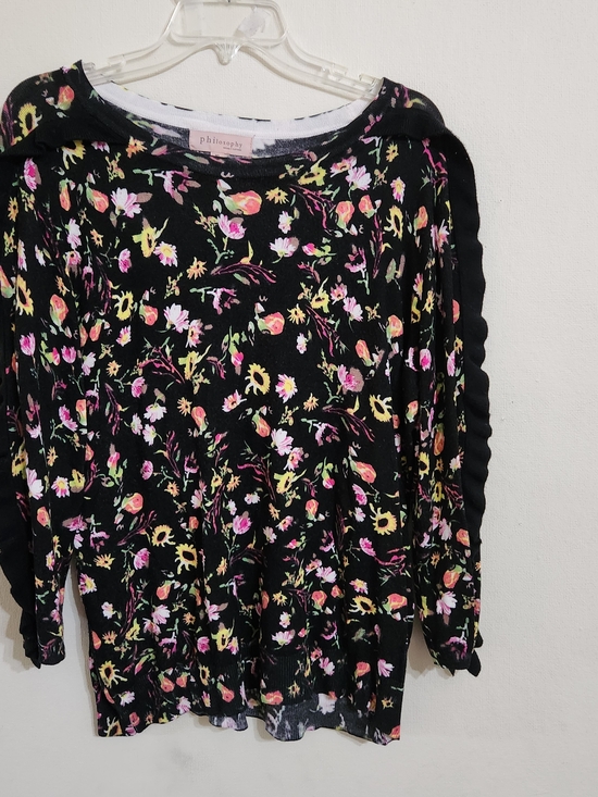Philosophy Tops - Philosophy Black Floral Ruffle-Sleeve Long Sleeve Top